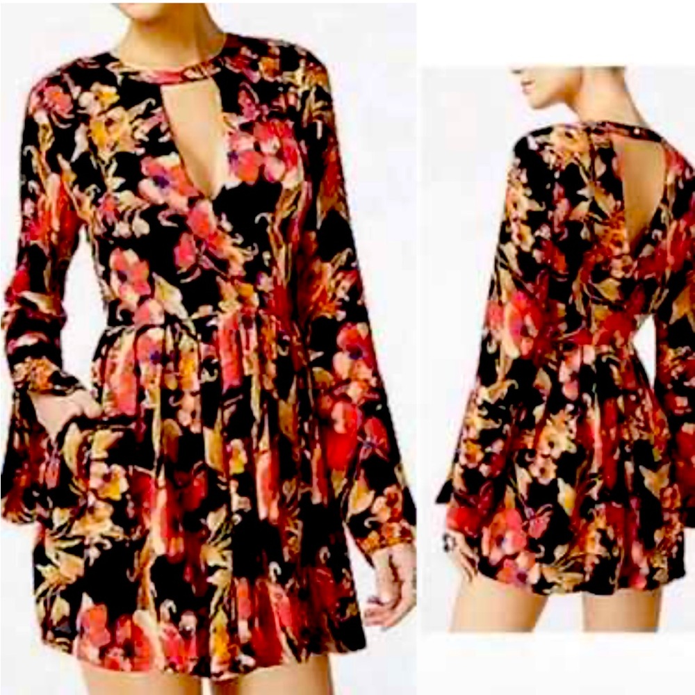 Tegan free people swing plunge mini dress long sleeved floral flowers 2 XS
